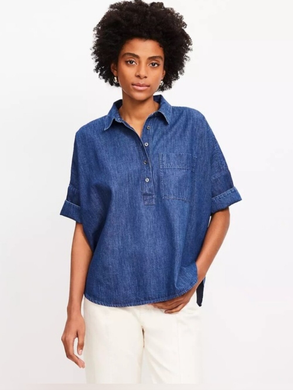NEW Ann Taylor Loft Dark Blue Denim Short Sleeve Top S